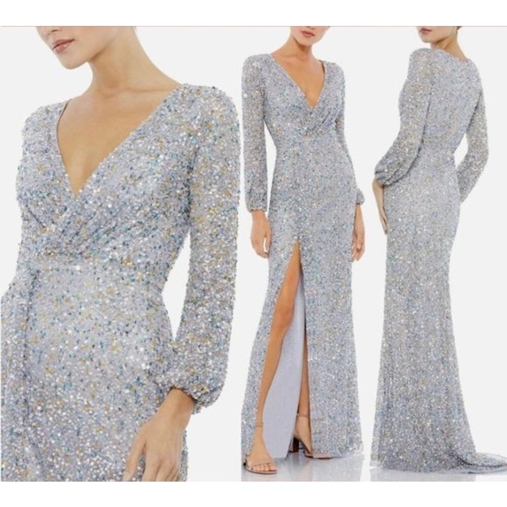 Mac Duggal Silver High Slit Sequined Long Sleeve V-Neck Formal Gown 6